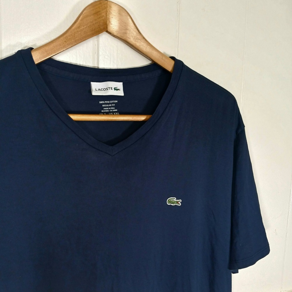 Lacoste V-Neck T-Shirt Mens 7 XXL Navy Blue Pima Cotton Regular Fit TH6710